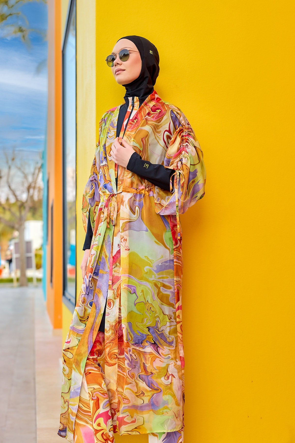 Silky Modest full coverage kimono pareo by Marina Modest, lightweight elegant beach cover-up with a silky fabric look.