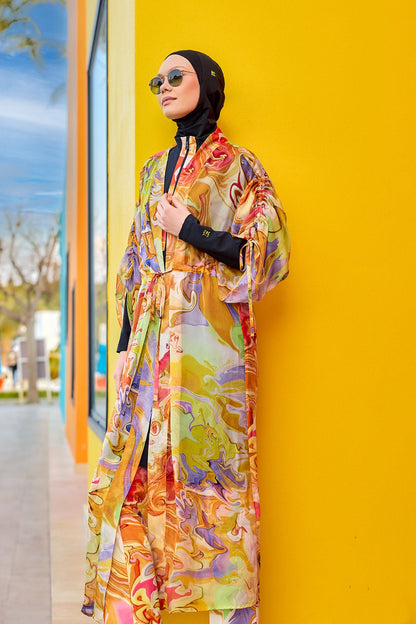 Silky Modest full coverage kimono pareo by Marina Modest, lightweight elegant beach cover-up with a silky fabric look.