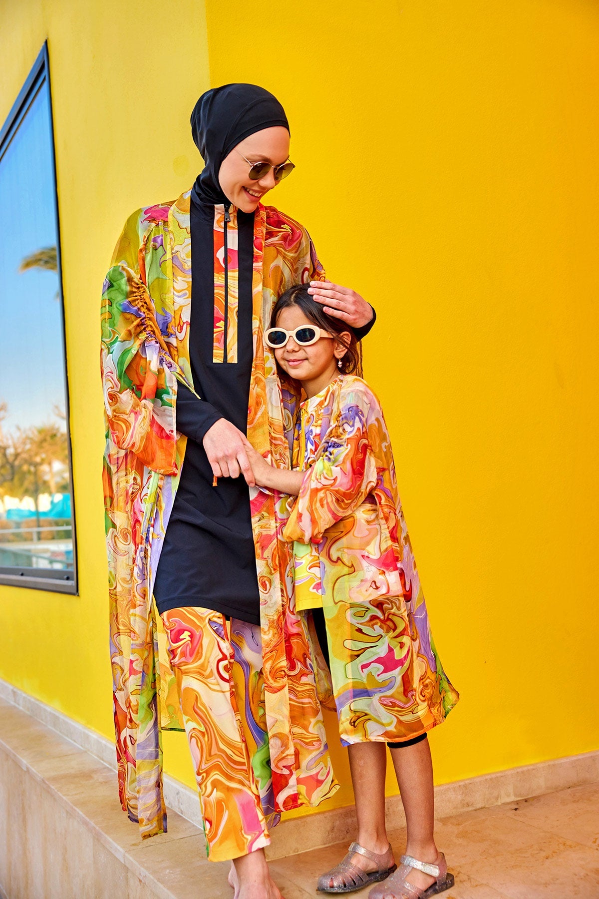 Marina Modest silky full coverage kimono pareo, lightweight elegant beach cover-up with modest design and flowing fabric.