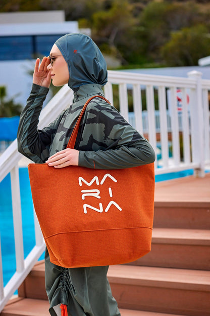 Orange Marina Modest beach bag with zipper, stylish plaj çanta designed for practical storage and easy carrying.
