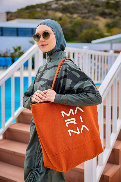 Orange Marina Modest beach bag with zipper, stylish plaj çanta for carrying essentials, featuring a spacious design and durable material.