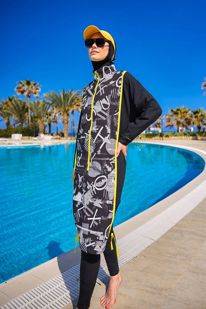 Black full coverage modest swimwear burkini set by Marina Modest, designed for comfortable, full-body coverage during swimming.