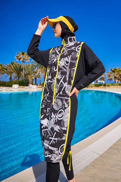 Black full coverage modest swimwear burkini set by Marina Modest, tam kapalı mayo for comfortable, modest swimming.