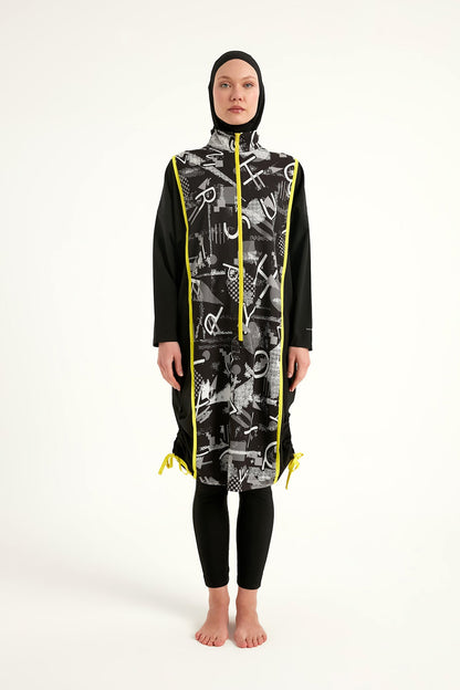 Black full coverage Modest swimwear burkini set by Marina Modest, featuring a tam capalı mayo design for modest swimming.