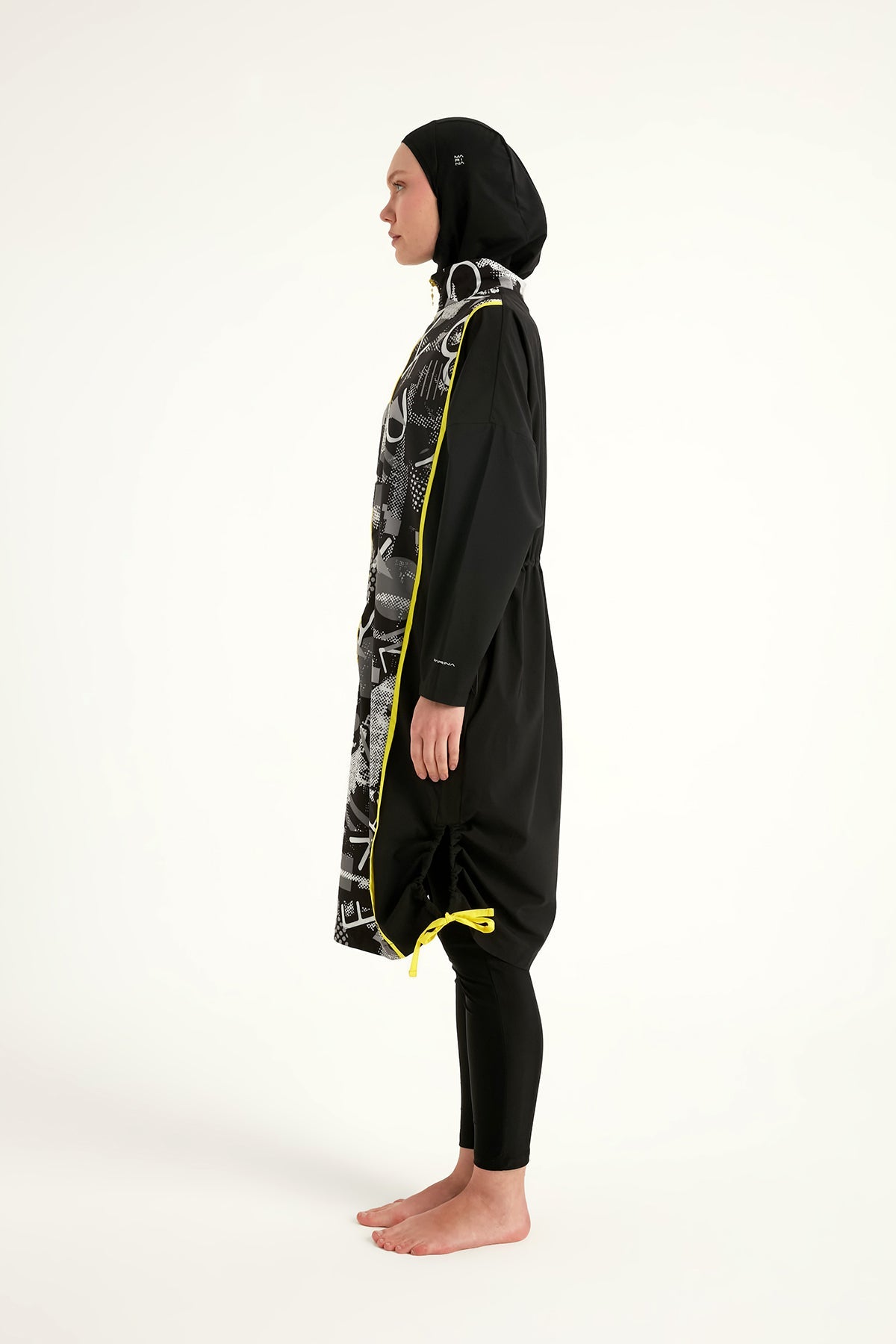 Black full coverage modest swimwear burkini set by Marina Modest, featuring a tam kapalı mayo design for full body coverage.