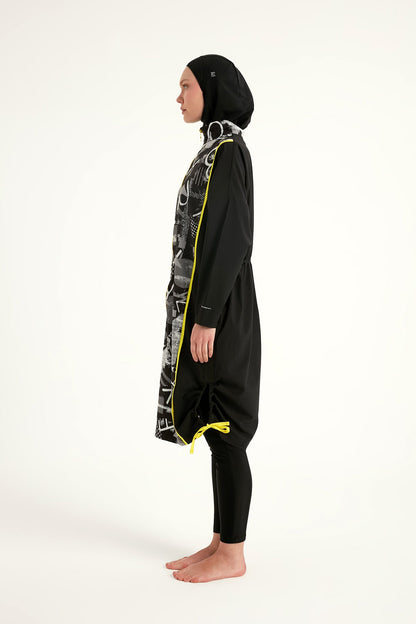 Black full coverage modest swimwear burkini set by Marina Modest, featuring a tam kapalı mayo design for full body coverage.