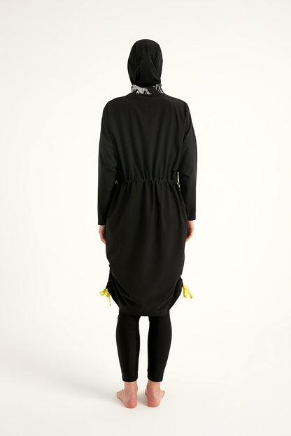 Black full coverage modest swimwear burkini set by Marina Modest, Tam Kapalı Mayo style, designed for full-body sun protection.