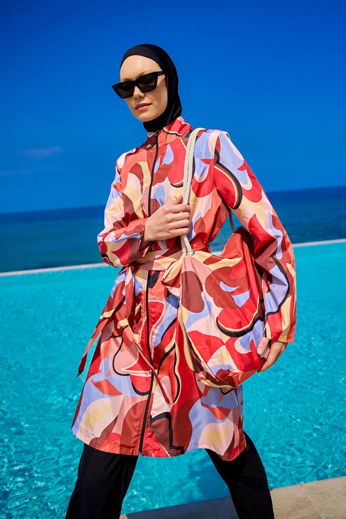 Black full coverage modest swimwear set for women, Marina Modest Tam Kapalı Mayo with long sleeves and full-coverage design.