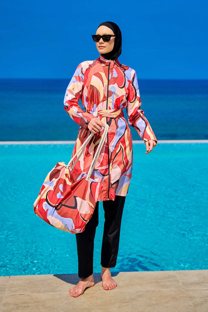 Black full coverage modest swimwear set for women, Marina Modest Tam Kapalı Mayo, with long sleeves and full-body design.