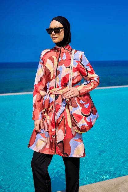 Black full coverage modest swimwear set for women by Marina Modest, featuring a tam kapalı mayo style.