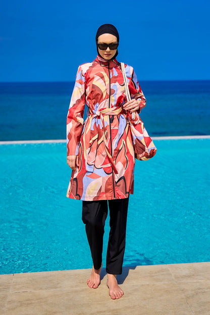 Black full coverage modest swimwear set for women by Marina Modest, featuring a tam kapalı mayo design with full coverage.