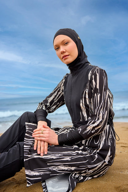 Black full coverage swimwear burkini set by Marina Modest, featuring a modest tam kapalı mayo design for full sun protection.