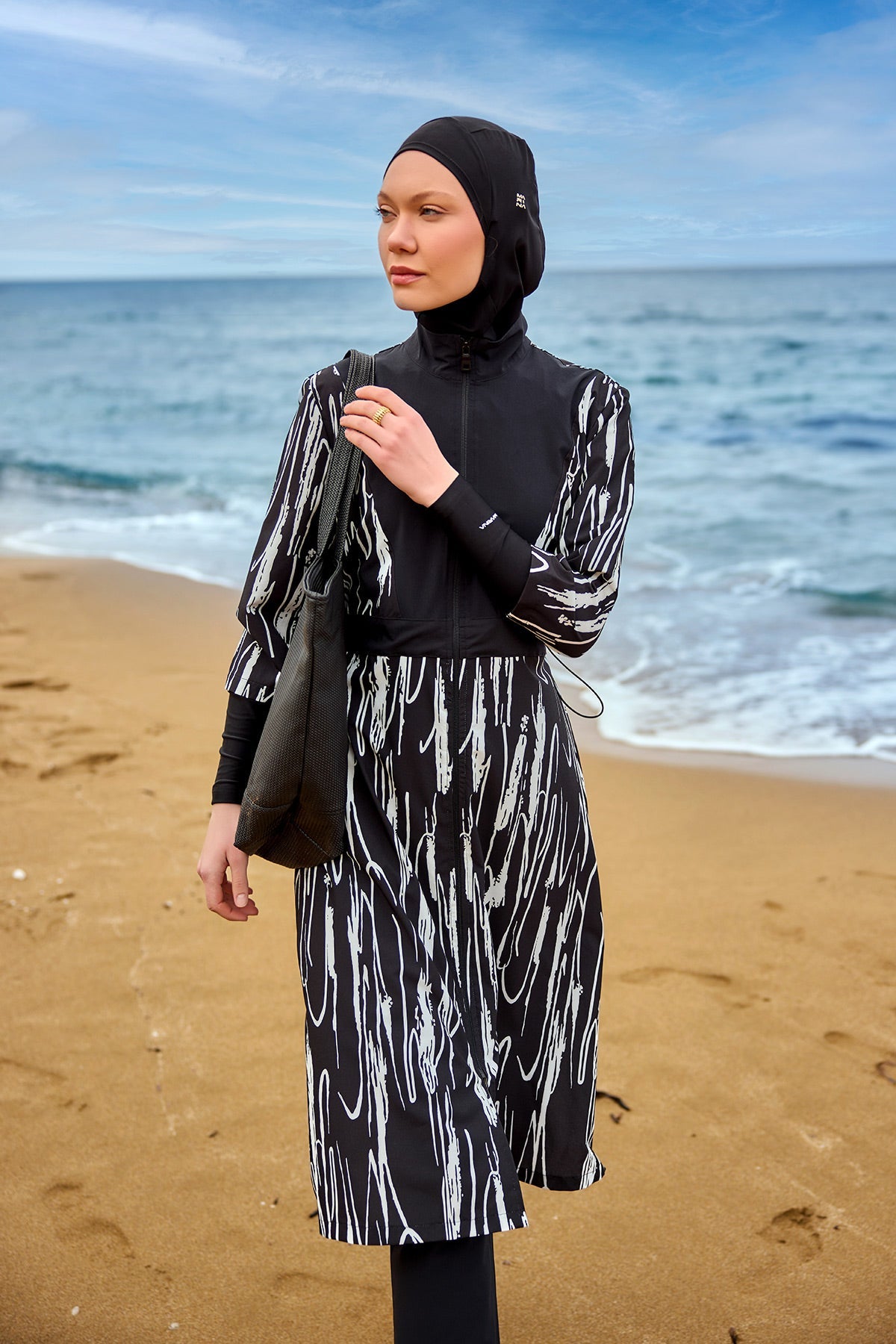 Marina Modest black full coverage swimwear burkini set, tam kapalı mayo, modest swimwear for women, full body coverage.