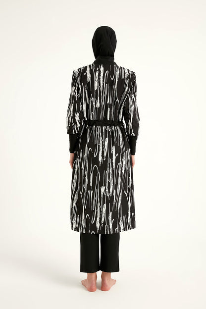 Black full coverage burkini set from Marina Modest, tam kapalı mayo swimwear designed for modest beachwear.