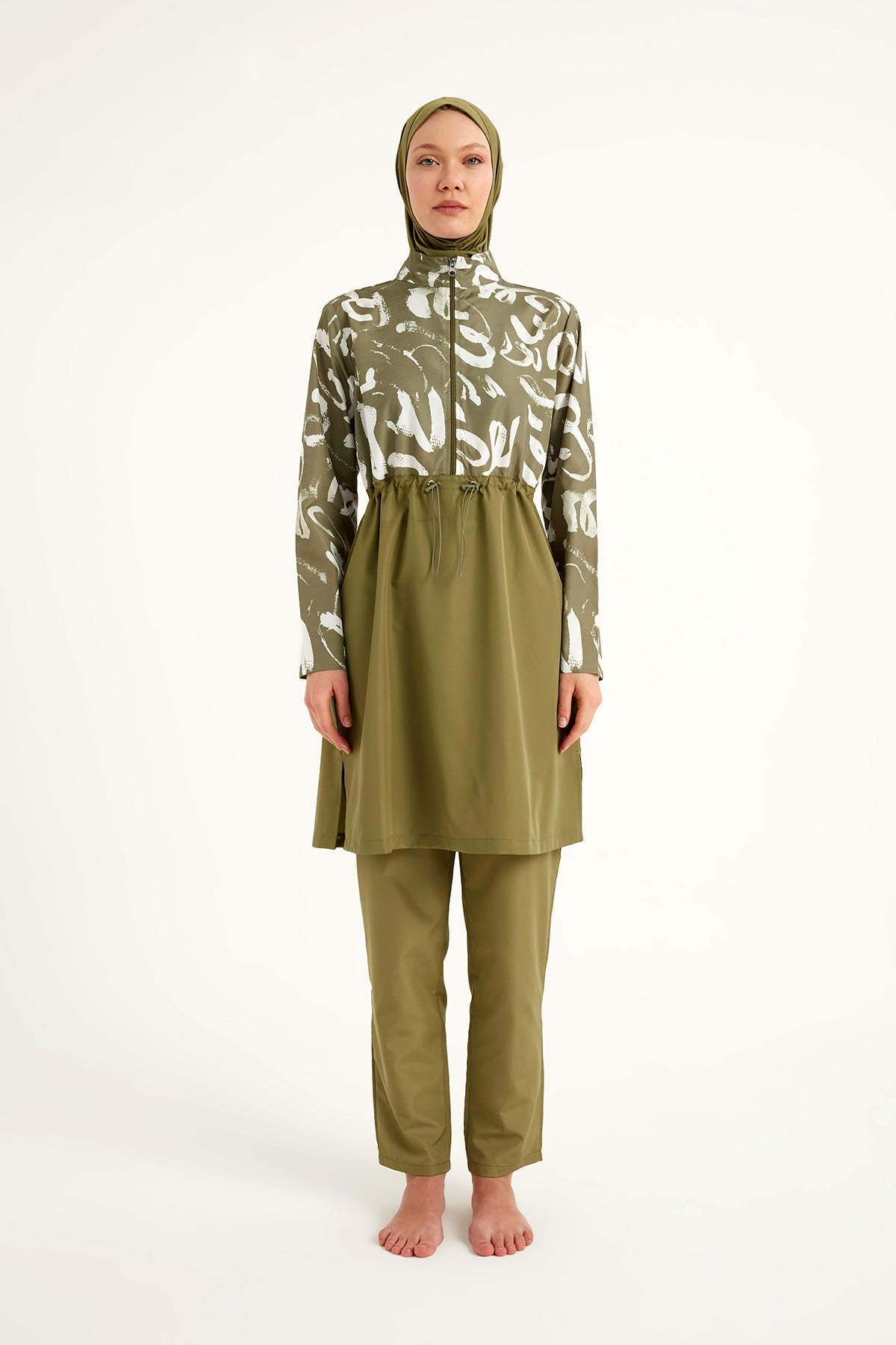 Green full coverage modest swimwear set for women by Marina Modest, featuring a tam kapalı mayo style.
