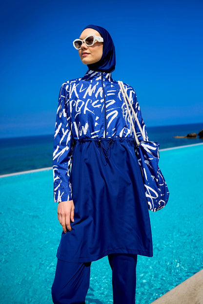 Marina Modest navy blue full coverage Tam Kapalı Mayo swimwear set for modest swimming, featuring full-body coverage and comfortable fit.