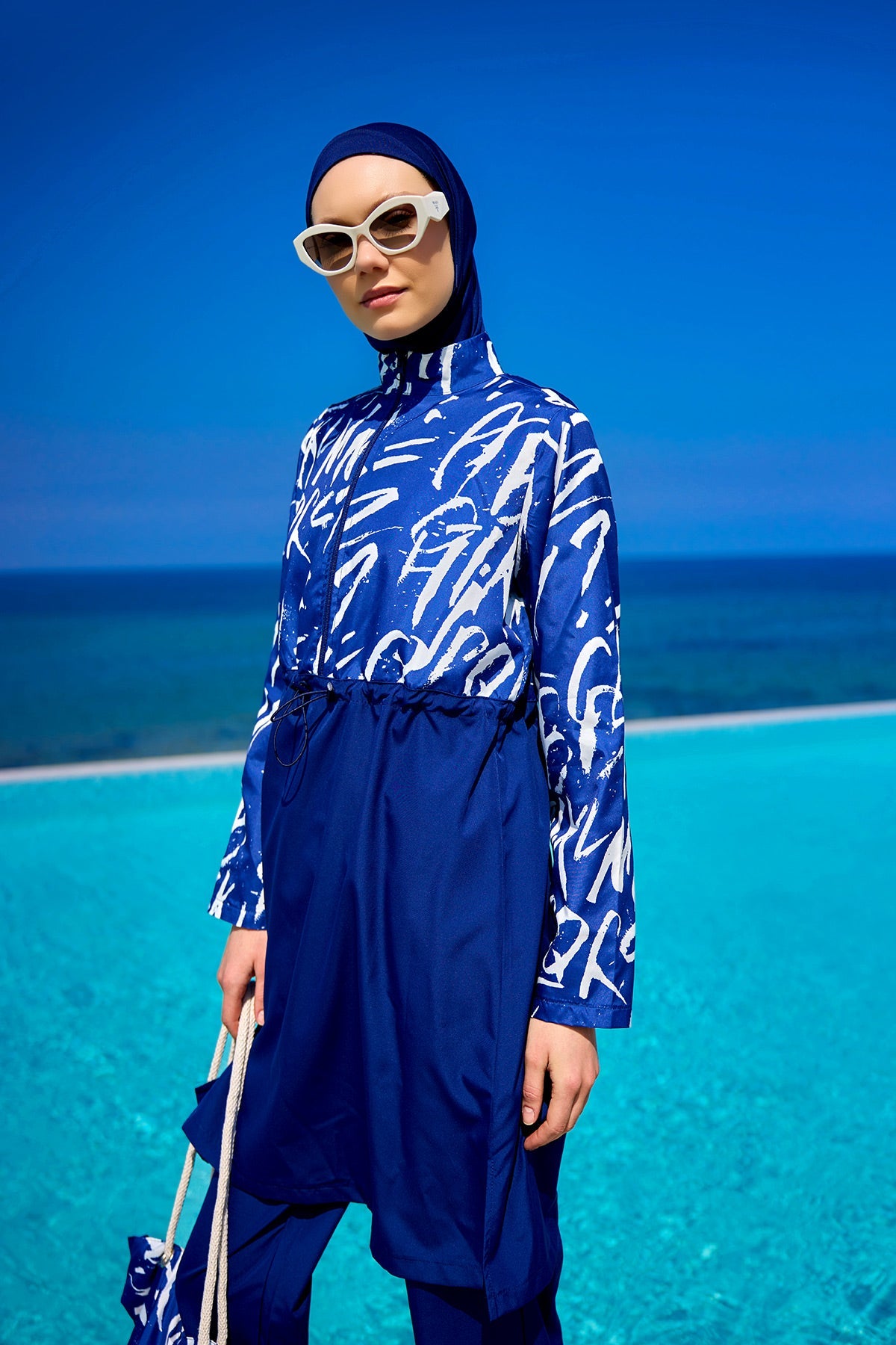 Navy blue full coverage modest swimwear set by Marina Modest, stylish Tam Kapalı Mayo with full coverage design.