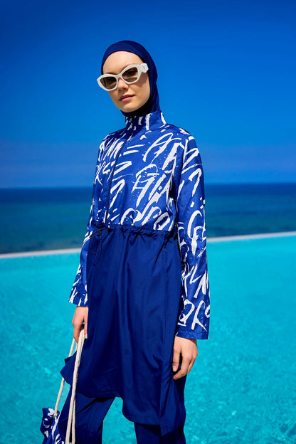 Navy blue full coverage modest swimwear set by Marina Modest, stylish Tam Kapalı Mayo with full coverage design.