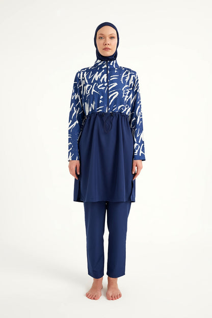 Navy blue full coverage modest swimwear set by Marina Modest, tam kapalı mayo for women, designed for comfort and sun protection.