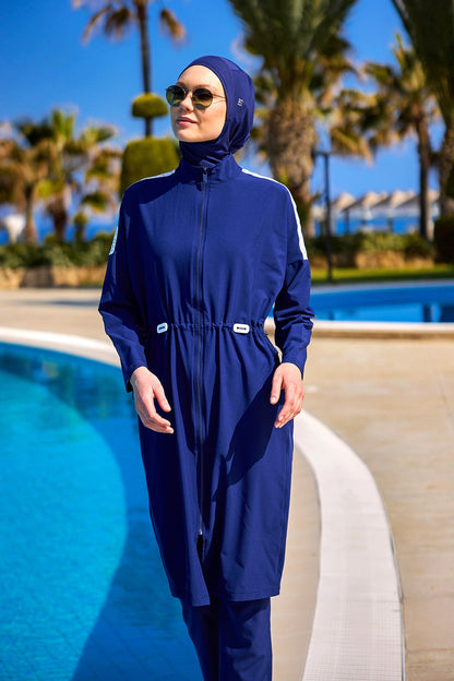 Navy full coverage modest swimwear burkini set by Marina Modest, featuring a full-coverage tam capalı mayo style for women.