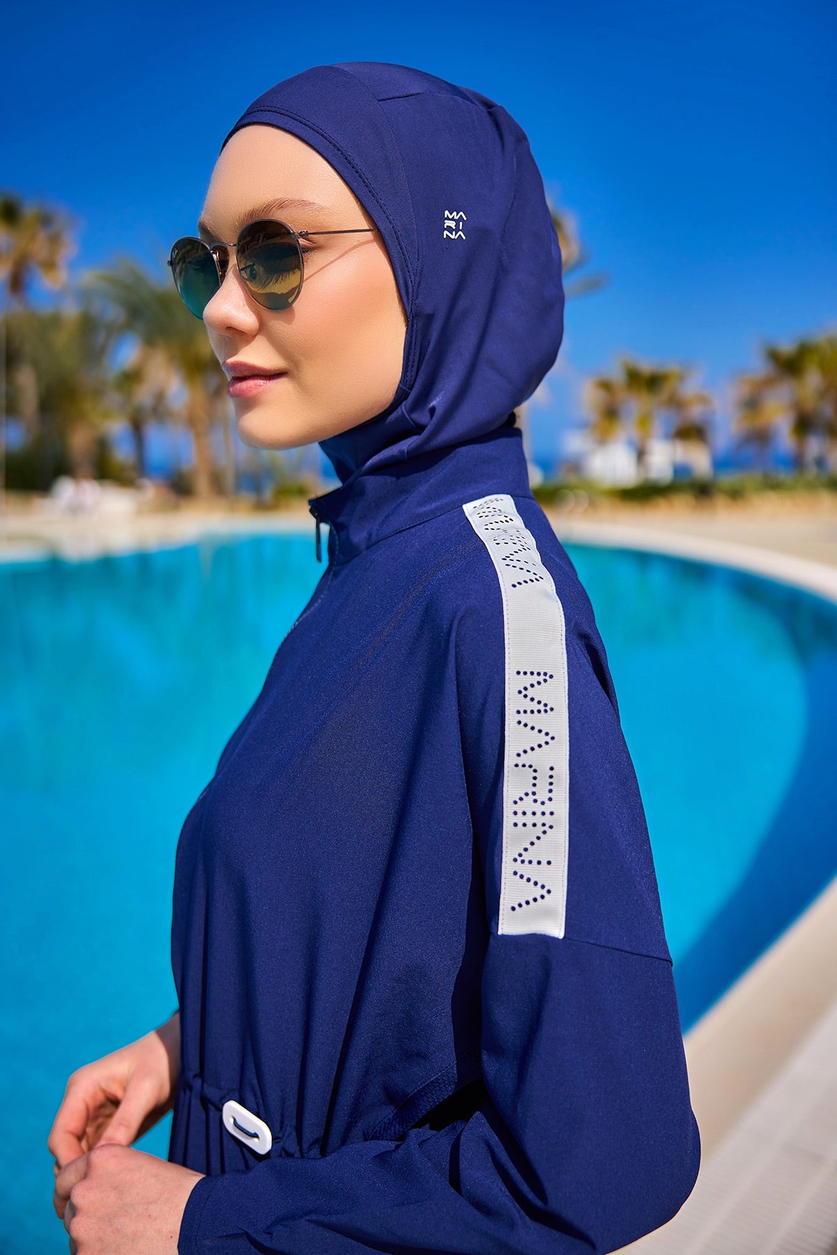 Navy full coverage modest swimwear set by Marina Modest, including a tam kapalı mayo burkini for women.