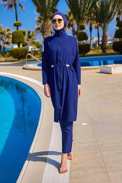 Navy full coverage modest swimwear burkini set by Marina Modest, tam kapalı mayo with long sleeves and full-coverage design.