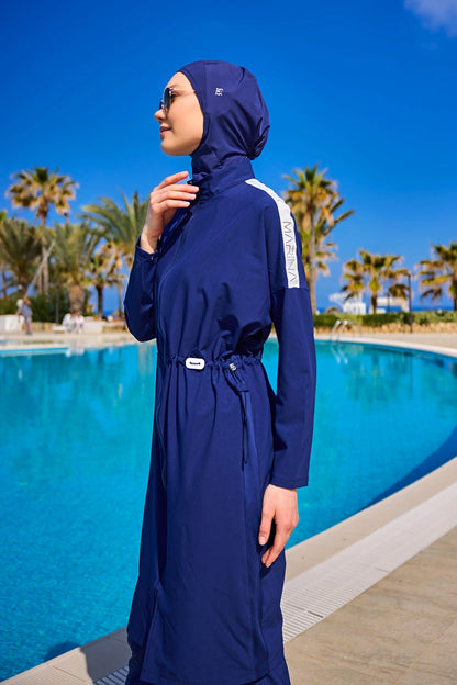 Navy full coverage modest swimwear burkini set by Marina Modest, featuring long sleeves and a full-coverage design for women.