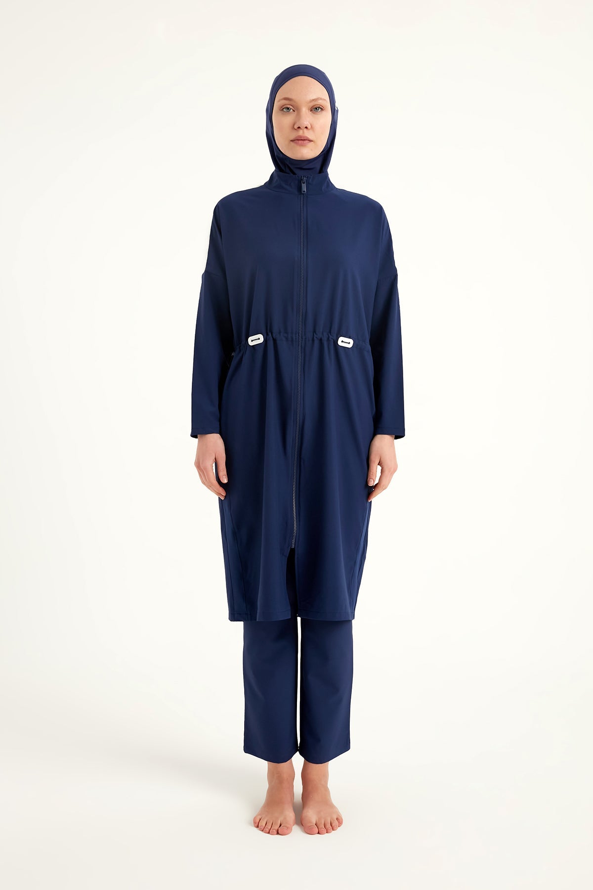 Navy full coverage modest swimwear burkini set by Marina Modest, designed for comfortable, full-body sun protection at the beach.