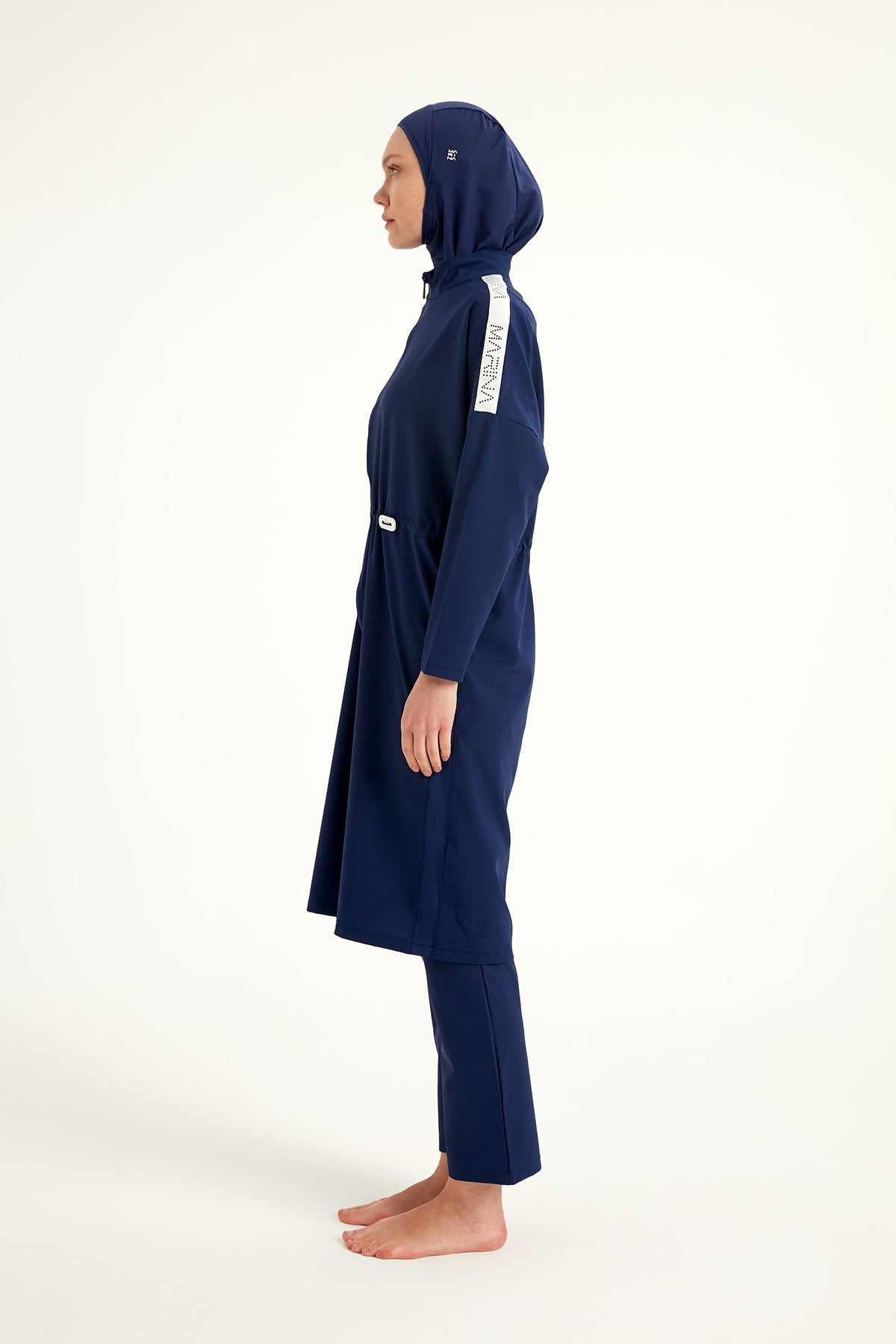 Navy full coverage modest swimwear burkini set by Marina Modest, designed for comfortable, full-body coverage at the beach.