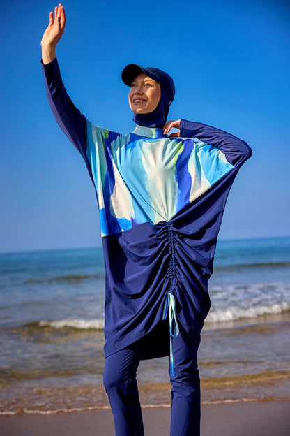 Navy full coverage modest swimwear burkini set by Marina Modest, Tam Kapalı Mayo style, with long sleeves and full-body coverage.