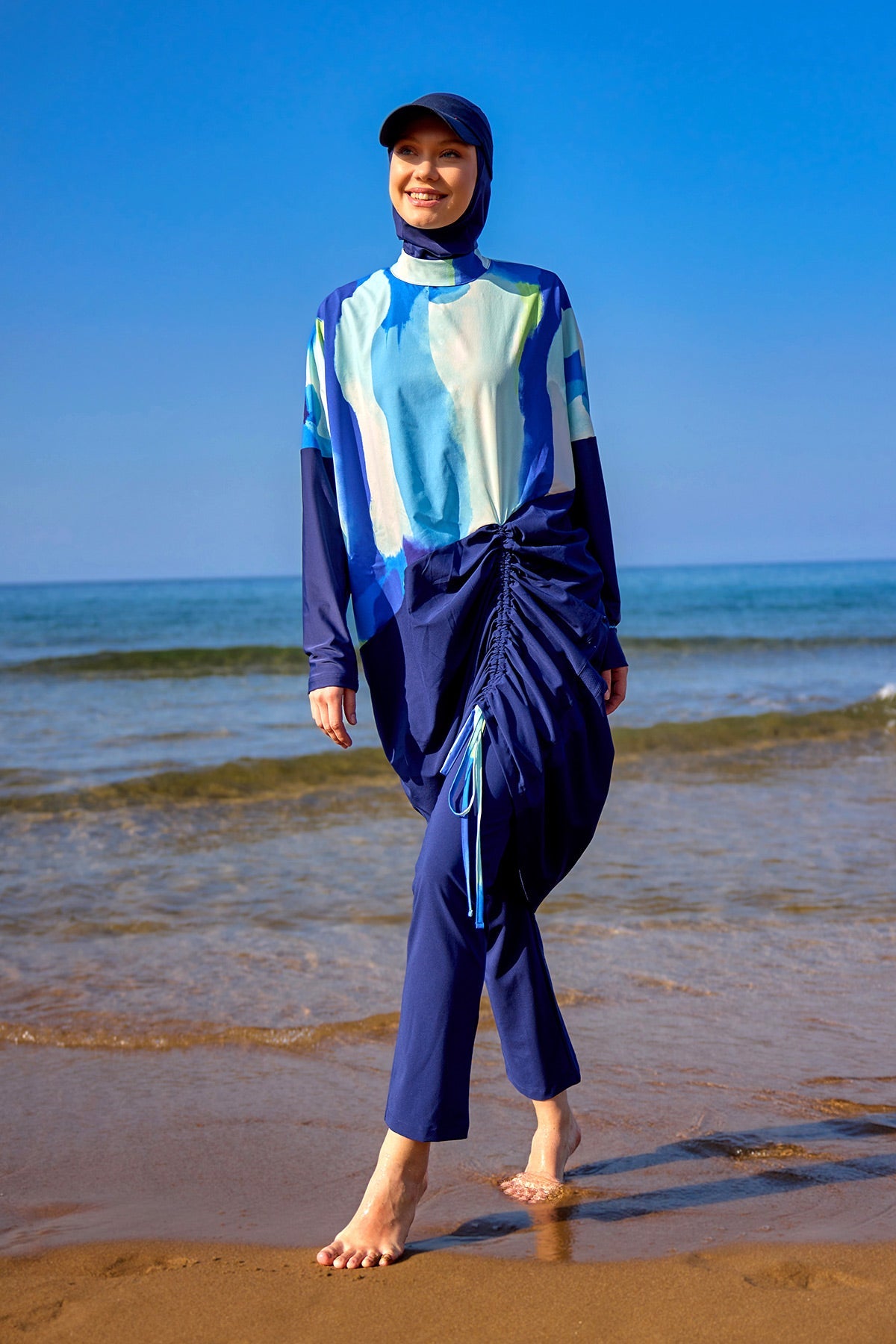 Navy full coverage modest swimwear burkini set by Marina Modest, featuring a tam kapalı mayo design for full body coverage.
