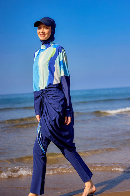 Navy full coverage modest swimwear burkini set by Marina Modest, featuring long sleeves and full-coverage design for women.