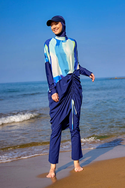 Navy full coverage modest swimwear burkini set by Marina Modest, includes long sleeves and full-body coverage for women.