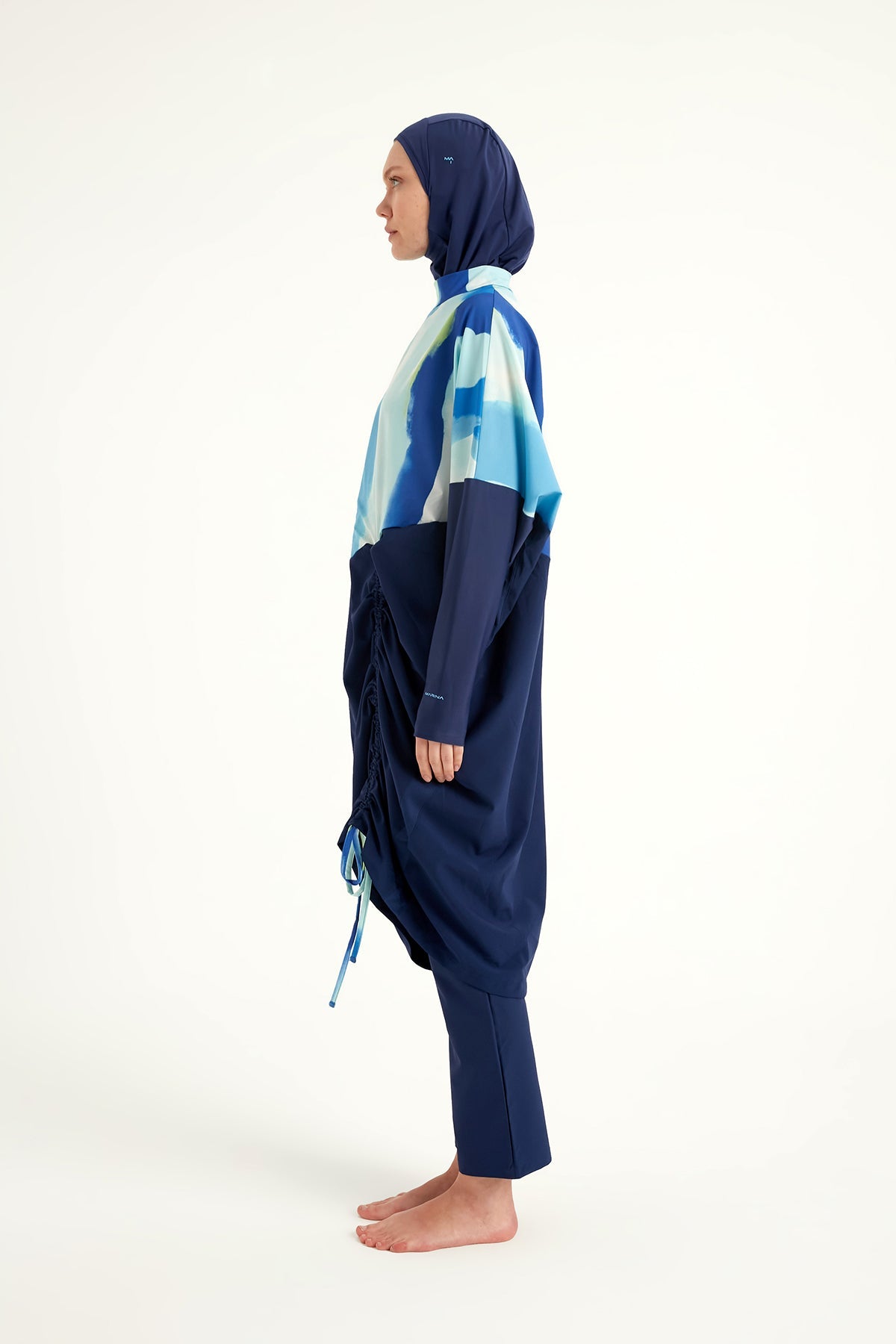 Marina Modest navy full coverage burkini set with long sleeves and modest fit, designed for comfortable swimwear.