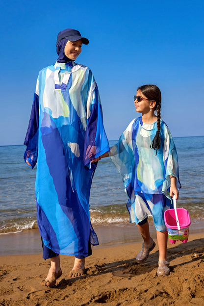 Navy full coverage modest swimwear burkini set by Marina Modest, featuring long sleeves and full-body coverage for women.