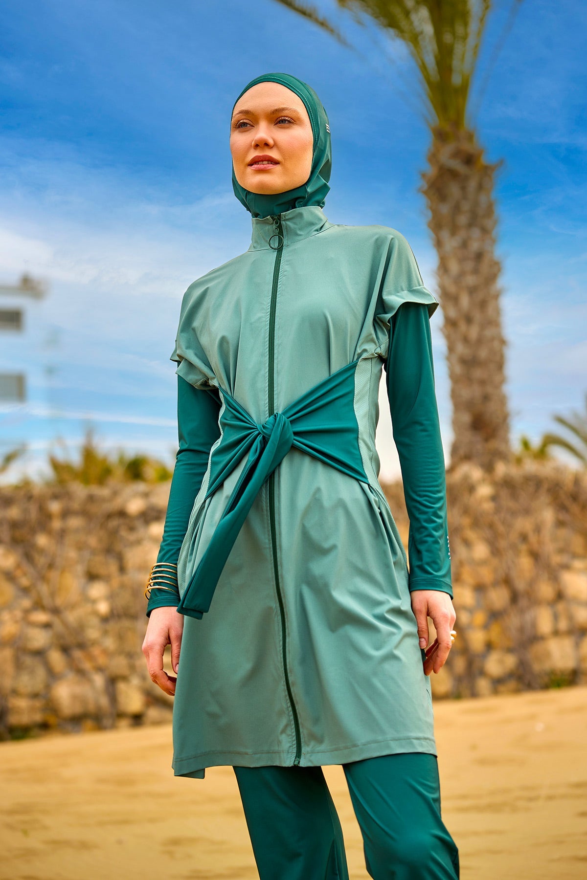 Marina Modest Olive Burkini Set with high collar, full coverage swimwear, designed for modest beachwear and swim activities.