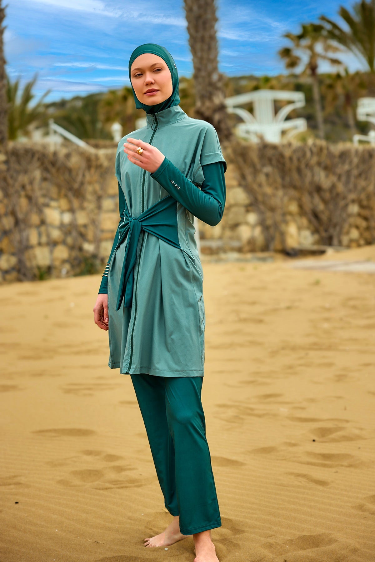 Olive green Marina Modest Tam Kapalı Mayo burkini set with high collar and full coverage, designed for modest swimwear.