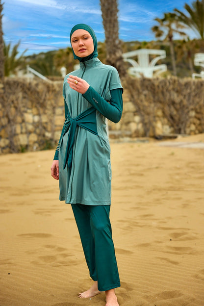 Olive green Marina Modest Tam Kapalı Mayo burkini set with high collar and full coverage, designed for modest swimwear.