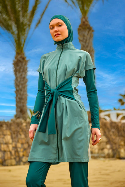 Olive green Marina Modest Tam Kapalı Mayo burkini set with high collar and full coverage swimwear, designed for modest swimming.