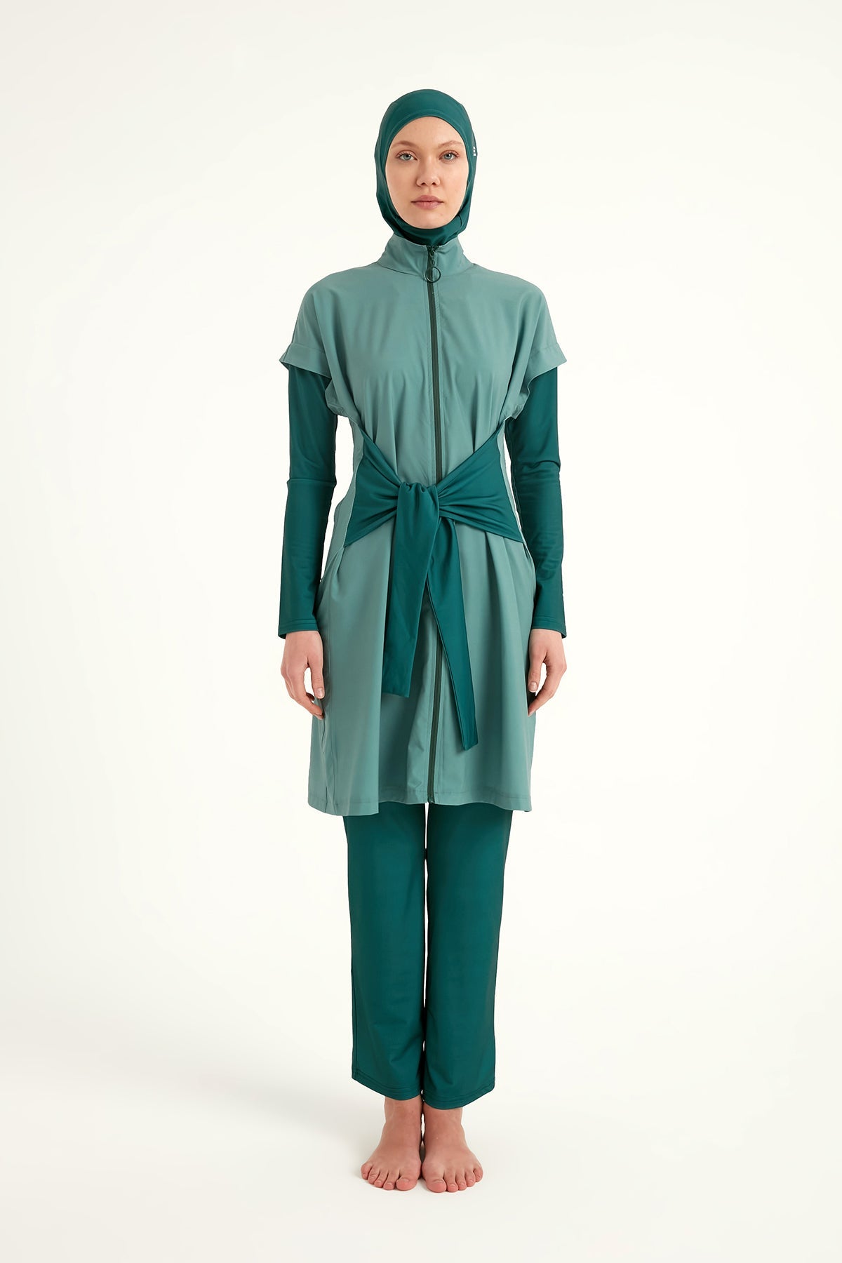 Olive green Marina Modest Tam Kapalı Mayo burkini set with high collar and full coverage swimwear, made for modest swimming.