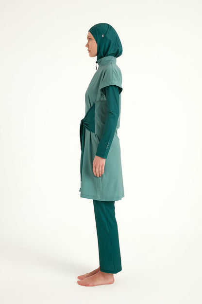 Olive green Marina Modest burkini set with high collar, full coverage swimwear for women, Tam Kapalı Mayo style.