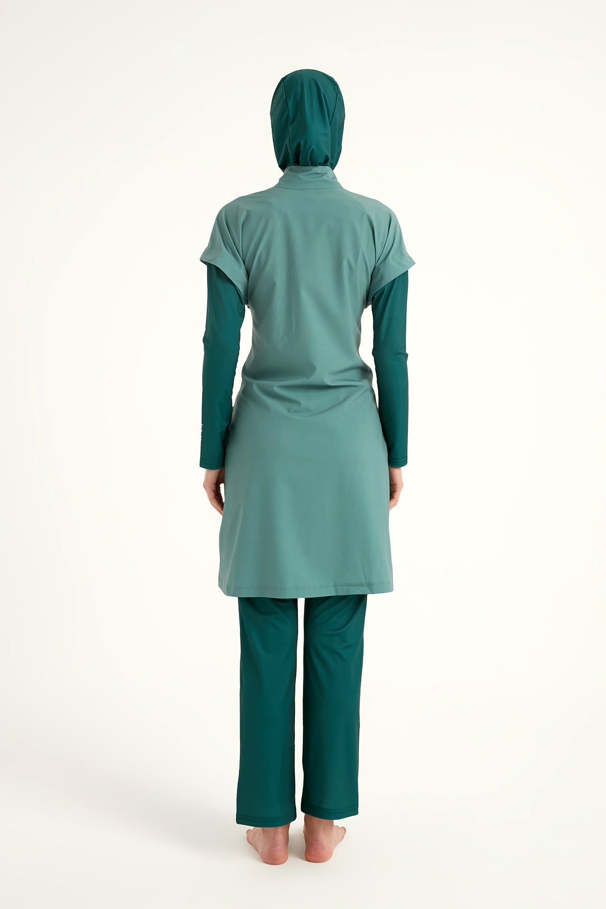 Marina Modest olive burkini set with high collar and full coverage, designed for modest swimwear and outdoor water activities.