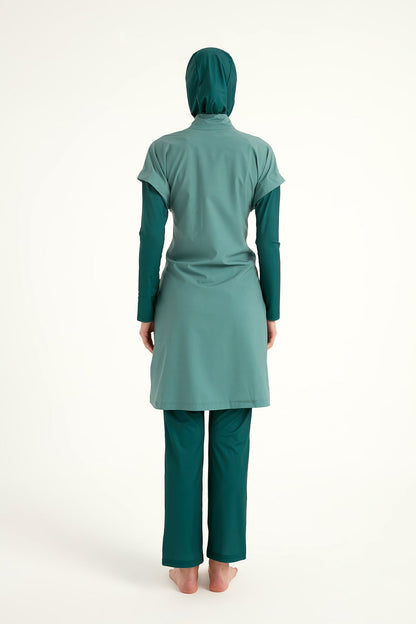 Marina Modest olive burkini set with high collar and full coverage, designed for modest swimwear and outdoor water activities.