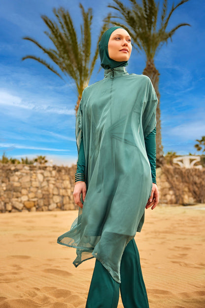 Marina Modest Olive Burkini Set with high collar, full coverage swimwear, designed for modest swimwear styles.