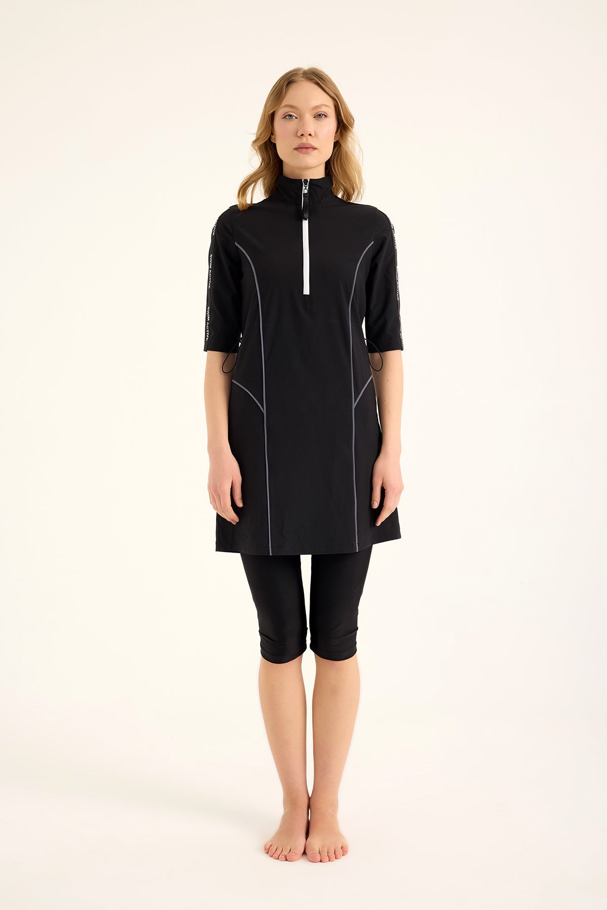 Black Marina Modest half-coverage swimsuit, yarı kapalı havuz mayo for modest swimwear, stylish and comfortable for swimming.