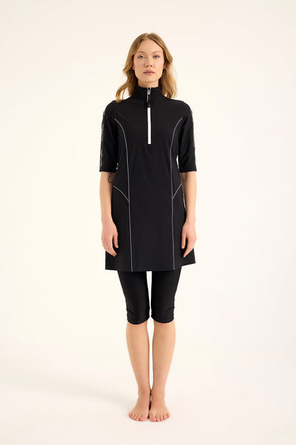 Black Marina Modest half-coverage swimsuit, yarı kapalı havuz mayo for modest swimwear, stylish and comfortable for swimming.