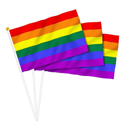 Set of 100 small rainbow pride flags by MAXCOOL, 14x21cm mini hand-waving flags for gay, lesbian, and LGBT celebrations.