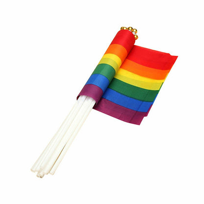 Set of 100 small rainbow pride flags by MAXCOOL, 14x21cm mini hand-waving flags for gay, lesbian, and LGBT celebrations.