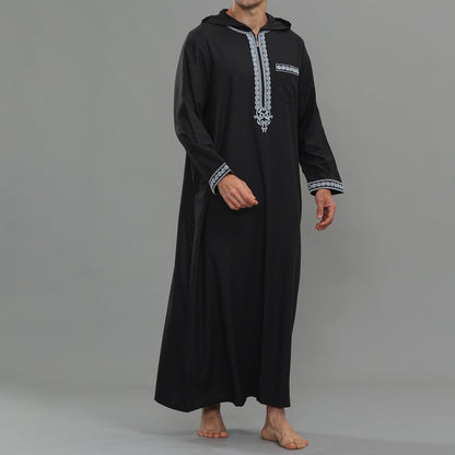 Men's Hooded Embroidered Thobe with Pockets (MT037)