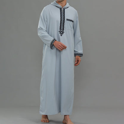 Men's Hooded Embroidered Thobe with Pockets (MT037)
